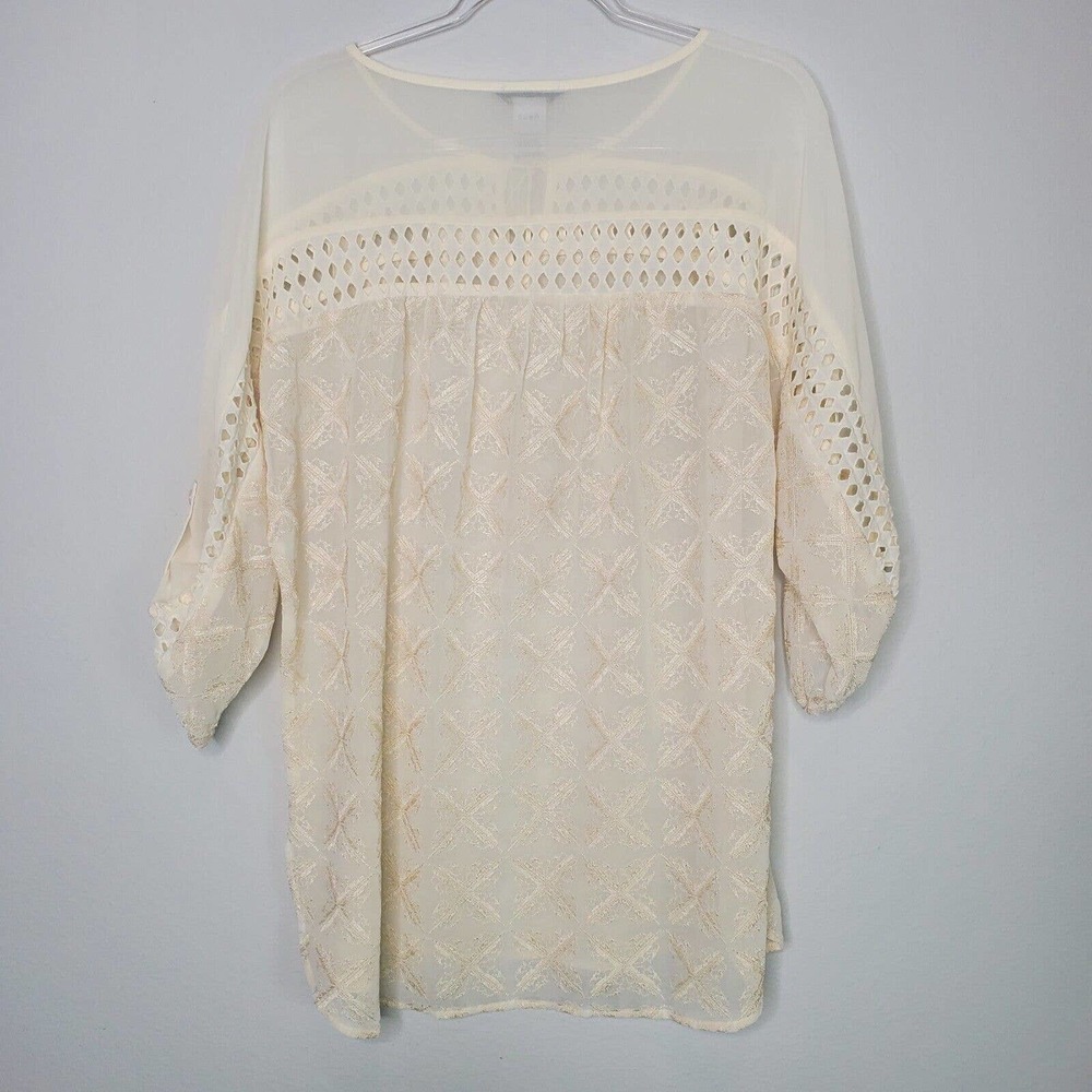John Mark Womens Embroidered Keyhole Tie Up Neck Fold Up Cuff Sleeve Tunic Top M - Picture 4 of 11